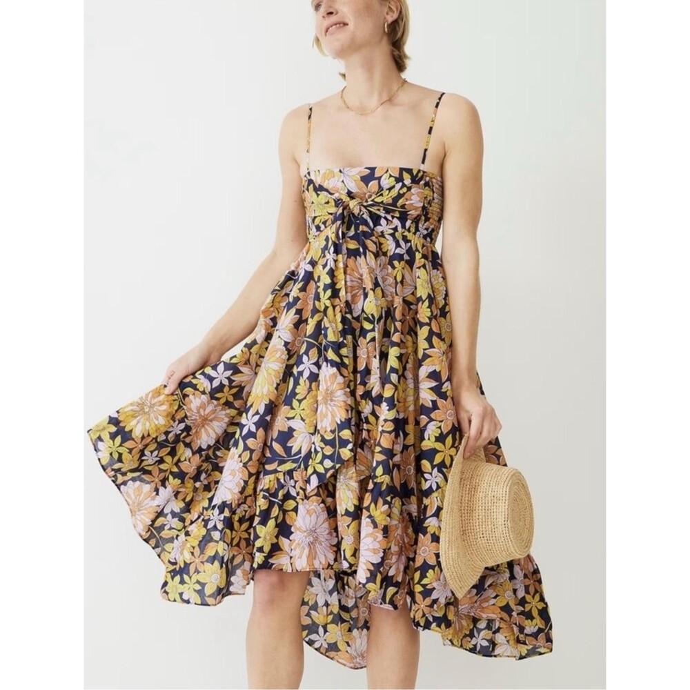 J.Crew Dress Womens XL Multicolor Floral Smocked Hi-Low Ruffle Sundress Cotton